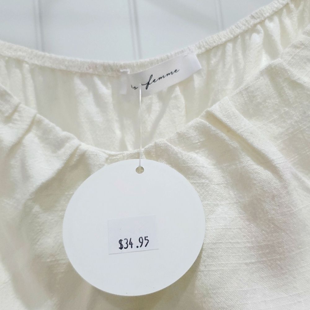 Ces Femme Cream Linen Blend Crop Tie Back Shirt Short Bell Sleeves LG, NWT - Picture 3 of 5